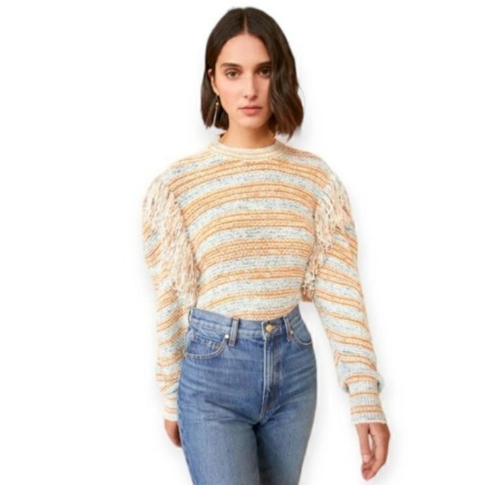 Ulla Johnson Orange And Blue Arquette Fringed Striped Sweater In Lily Size Small - Picture 2 of 14